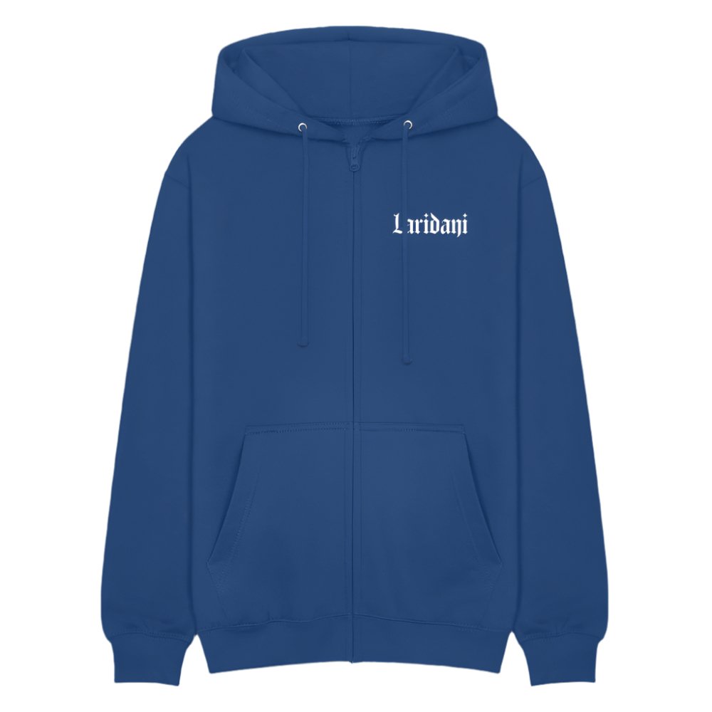 Blauer Zip-Hoodie von Laridani mit weißem Schriftzug auf der Brust.