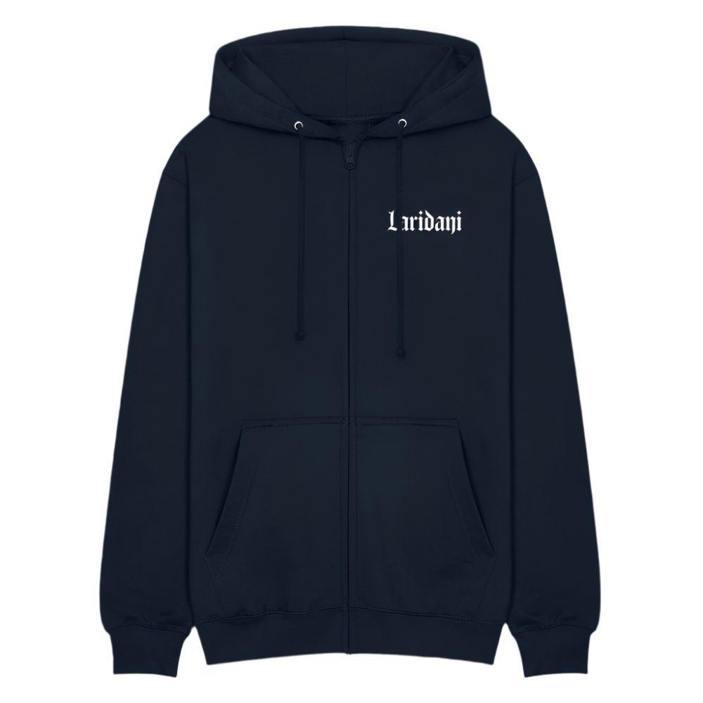 Dunkelblauer Zip-Hoodie von Laridani mit weißem Schriftzug auf der Brust.