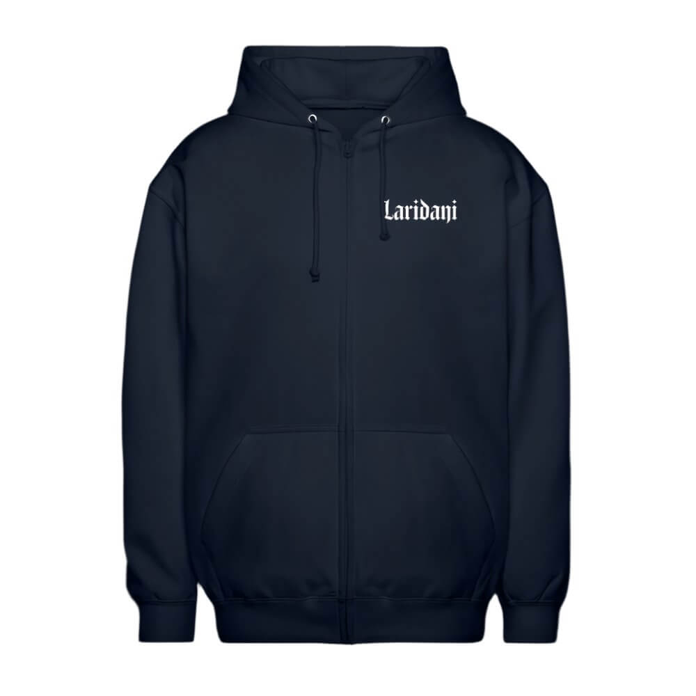 Dunkelblauer Zip-Hoodie von Laridani mit weißem Schriftzug auf der Brust.