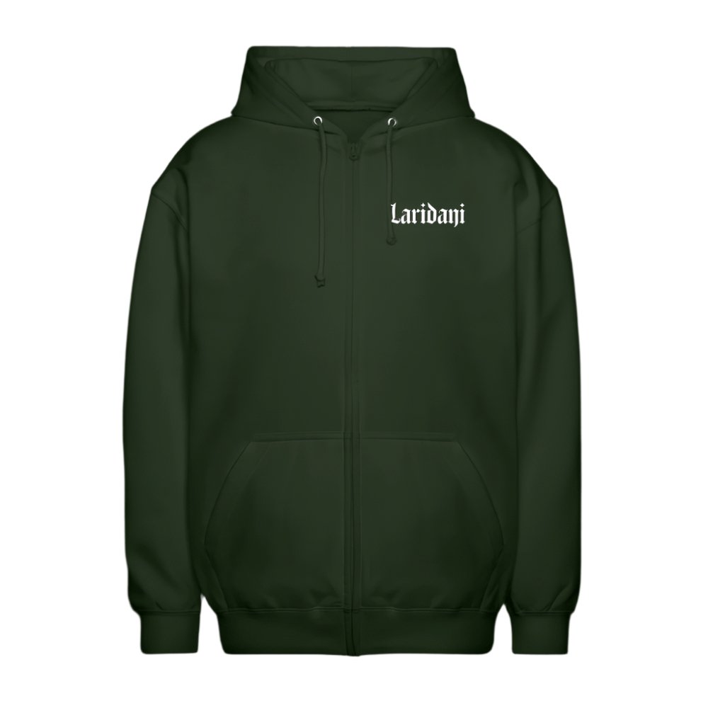 Grüner Zip-Hoodie von Laridani mit weißem Schriftzug auf der Brust.