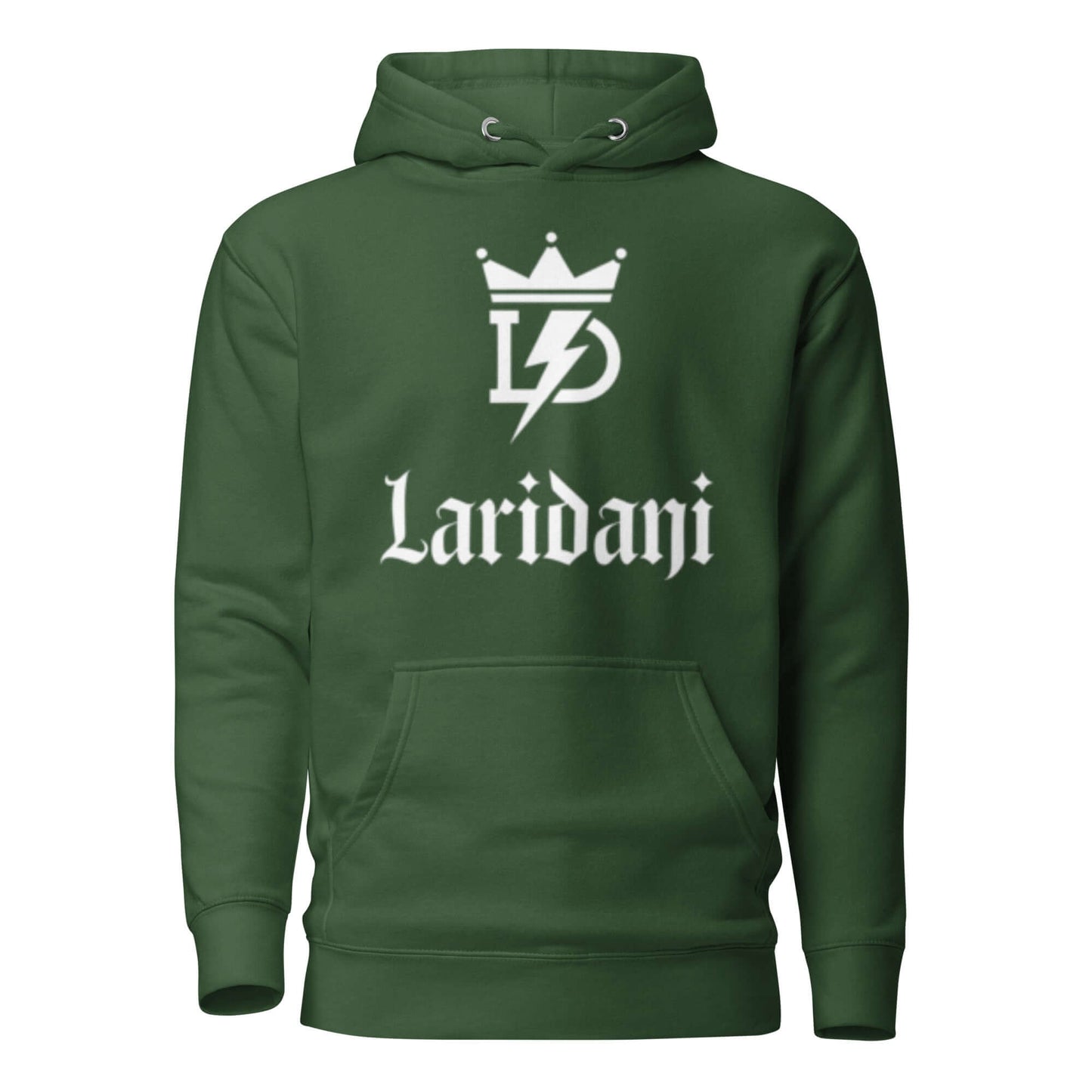 Grüner Hoodie mit weißem Laridani-Logo und Kronen-Design, Unisex-Kapuzenpullover