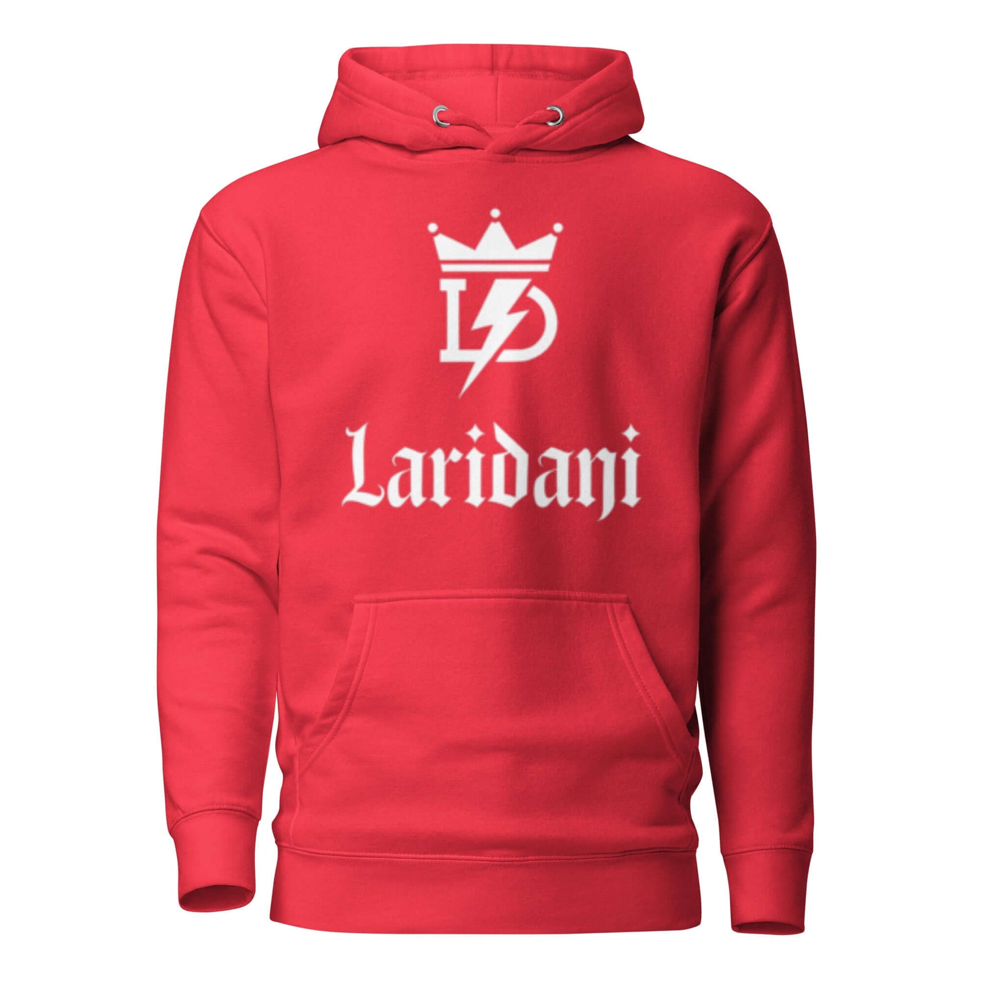 Roter Hoodie mit weißem Laridani-Logo und Kronen-Design, Unisex-Kapuzenpullover