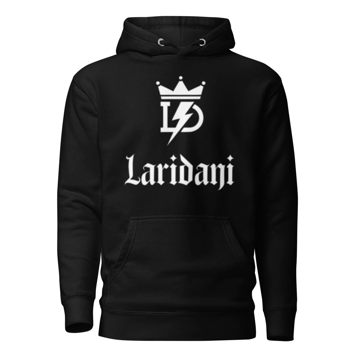 Schwarzer Hoodie mit weißem Laridani-Logo und Kronen-Design, Unisex-Kapuzenpullover