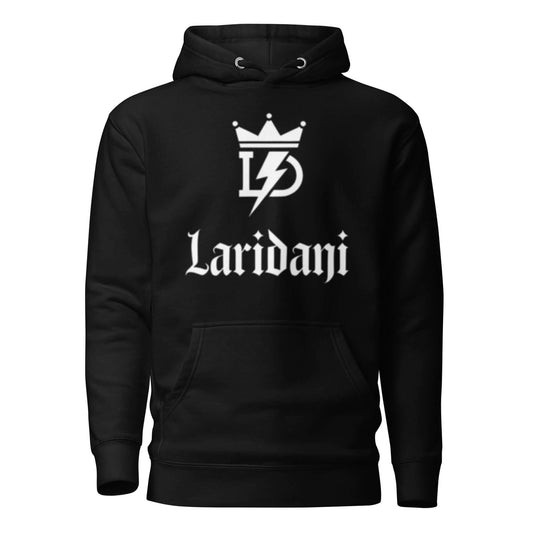 Schwarzer Hoodie mit weißem Laridani-Logo und Kronen-Design, Unisex-Kapuzenpullover