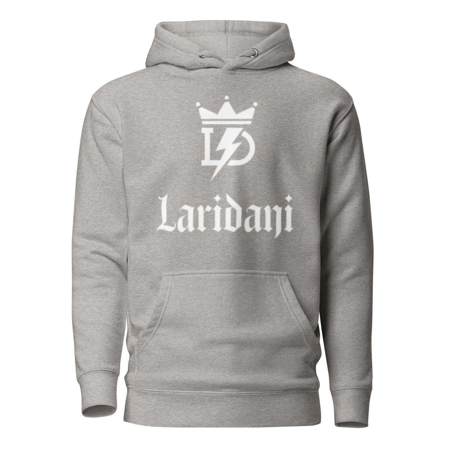 Grauer Hoodie mit weißem Laridani-Logo und Kronen-Design, Unisex-Kapuzenpullover