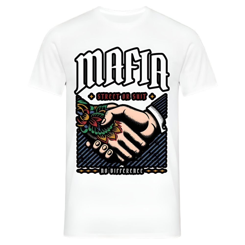 Weißes T-Shirt mit Mafia Street or Suit Design und Handshake-Grafik.