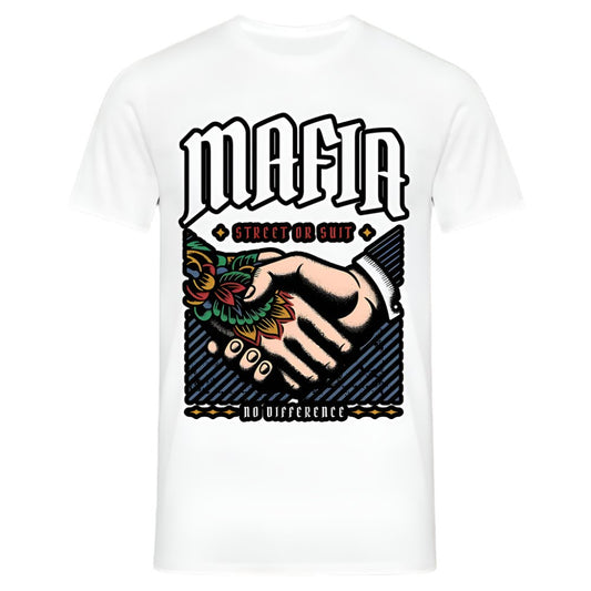 Weißes T-Shirt mit Mafia Street or Suit Design und Handshake-Grafik.