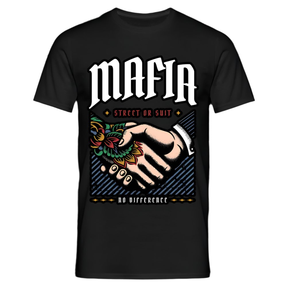 Schwarzes T-Shirt mit Mafia Street or Suit Design und Handshake-Grafik.