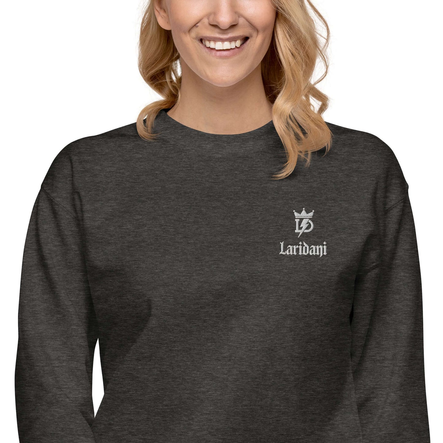 Grauer Pullover mit Weißem Laridani-Logo und Kronen-Design, Unisex-Premium-Pullover