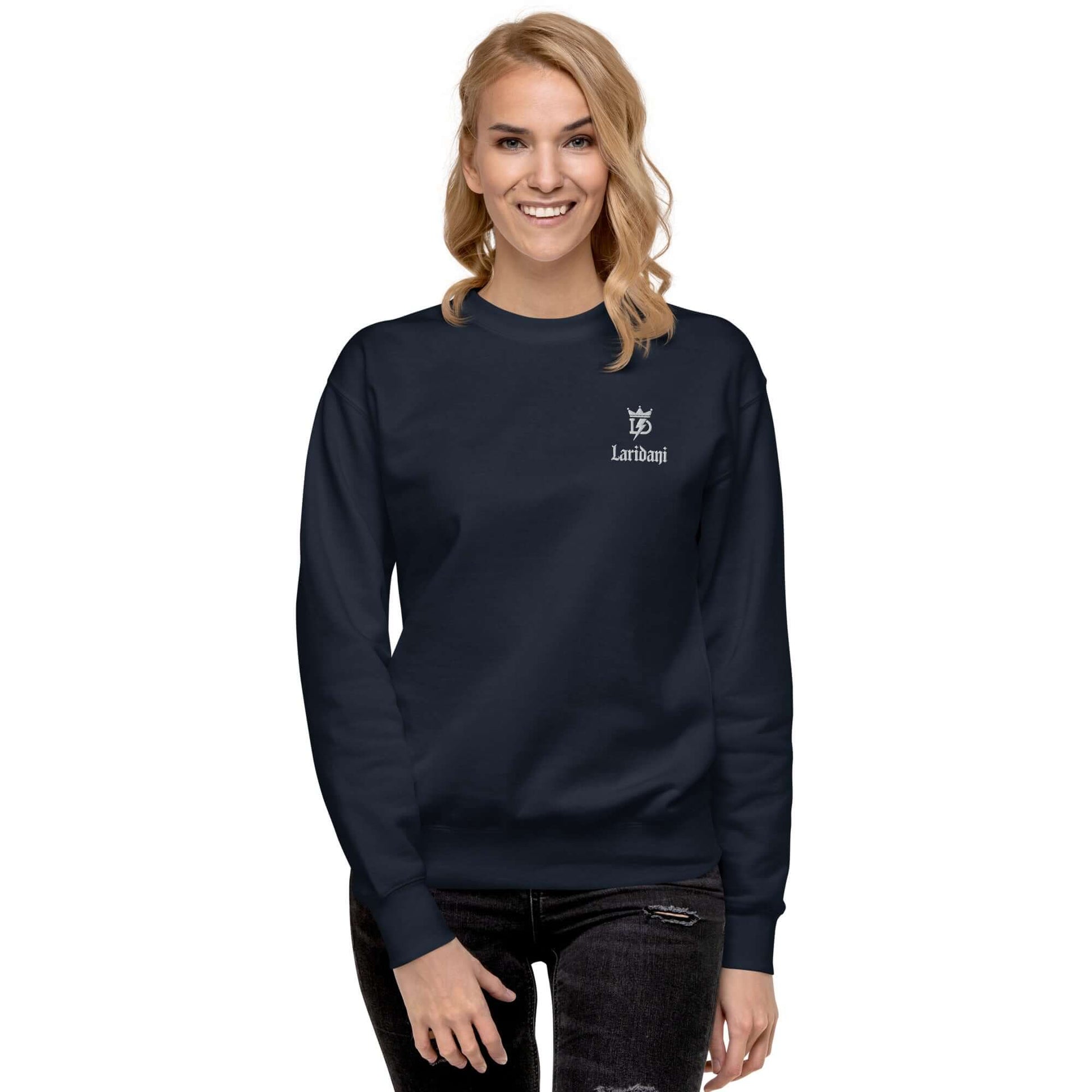 Schwarzer Pullover mit Weißem Laridani-Logo und Kronen-Design, Unisex-Premium-Pullover