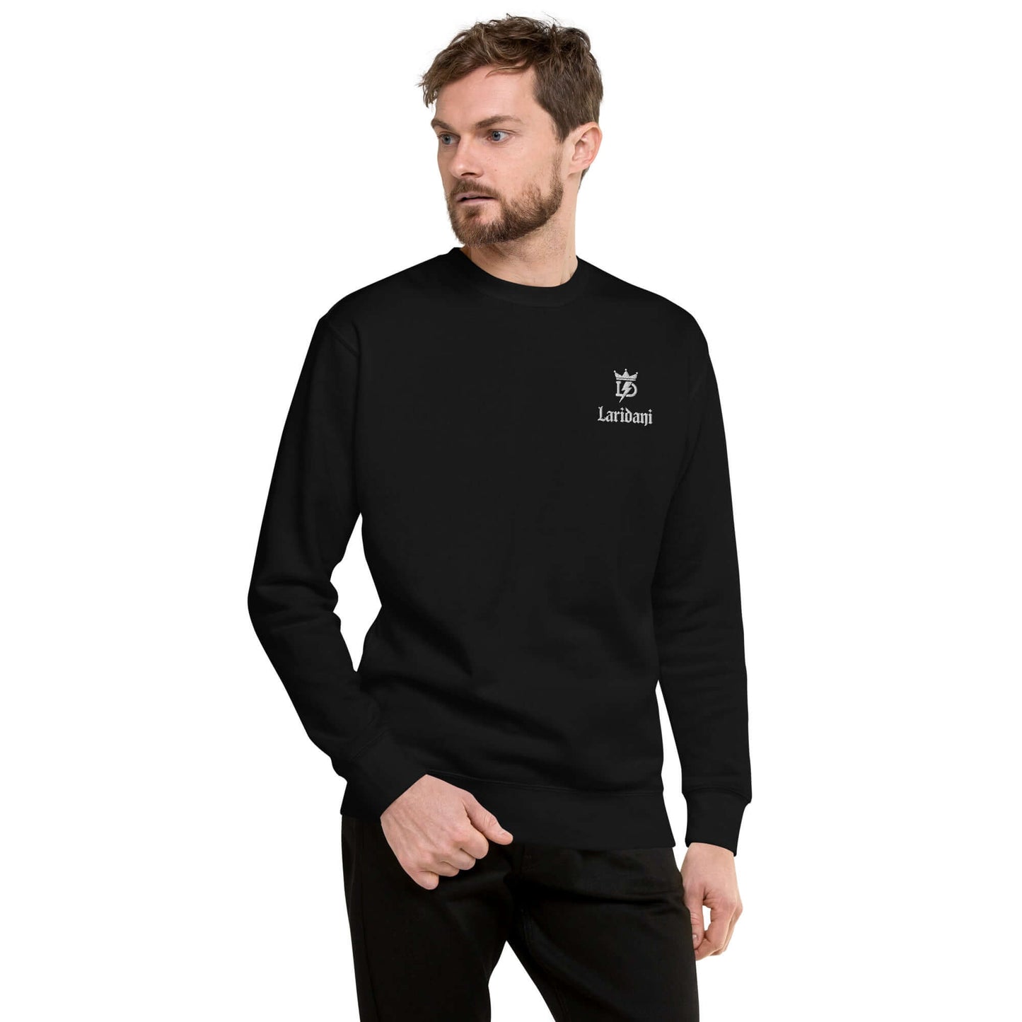 Schwarzer Pullover mit Weißem Laridani-Logo und Kronen-Design, Unisex-Premium-Pullover