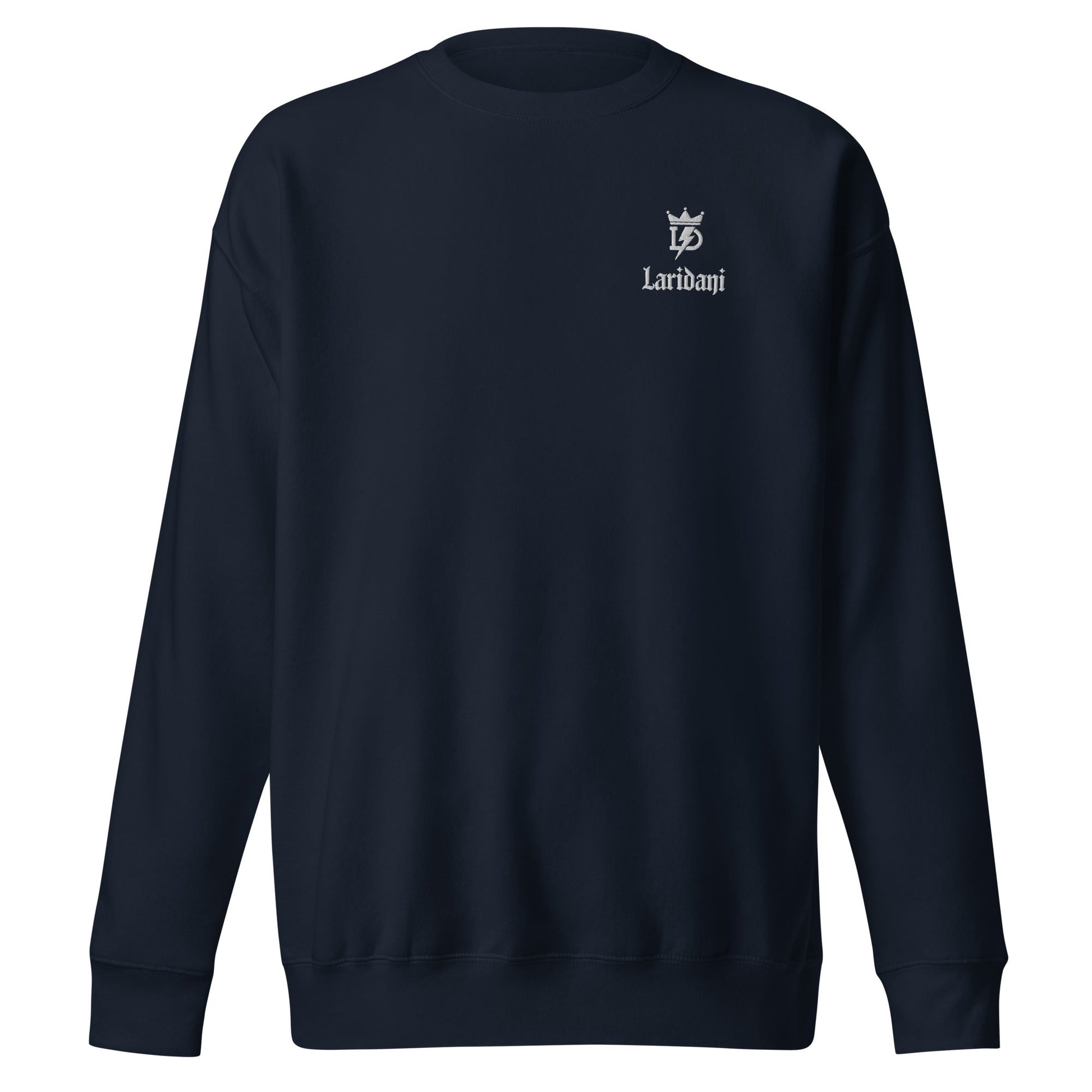 Schwarzer Pullover mit Weißem Laridani-Logo und Kronen-Design, Unisex-Premium-Pullover