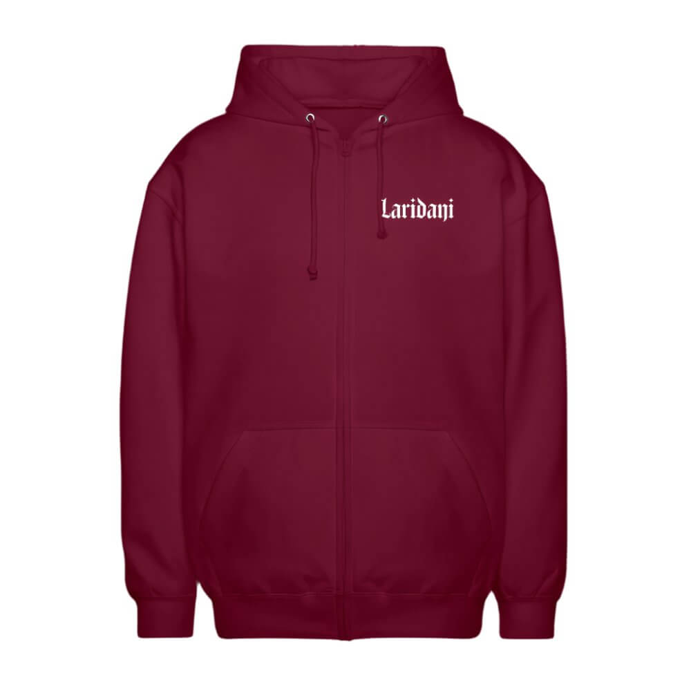 Roter Zip-Hoodie von Laridani mit weißem Schriftzug auf der Brust.