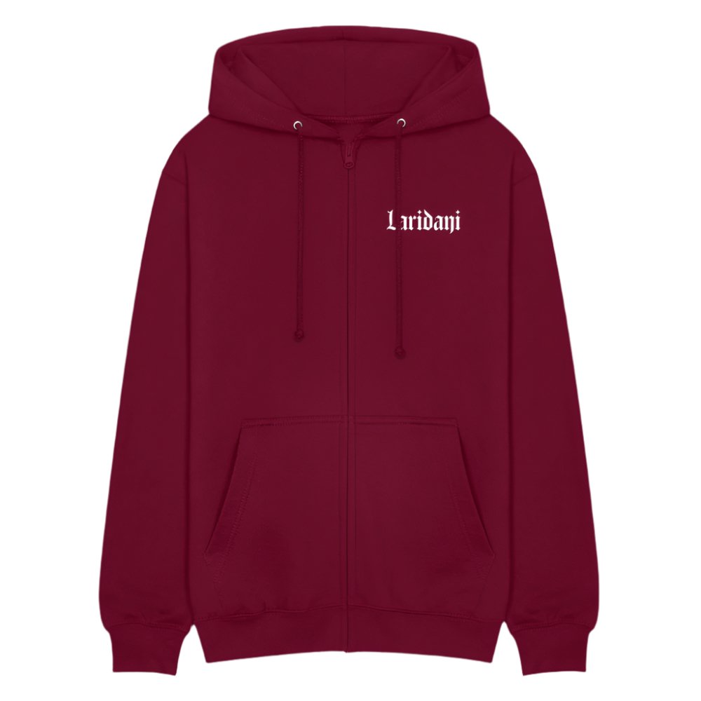 Roter Zip-Hoodie von Laridani mit weißem Schriftzug auf der Brust.