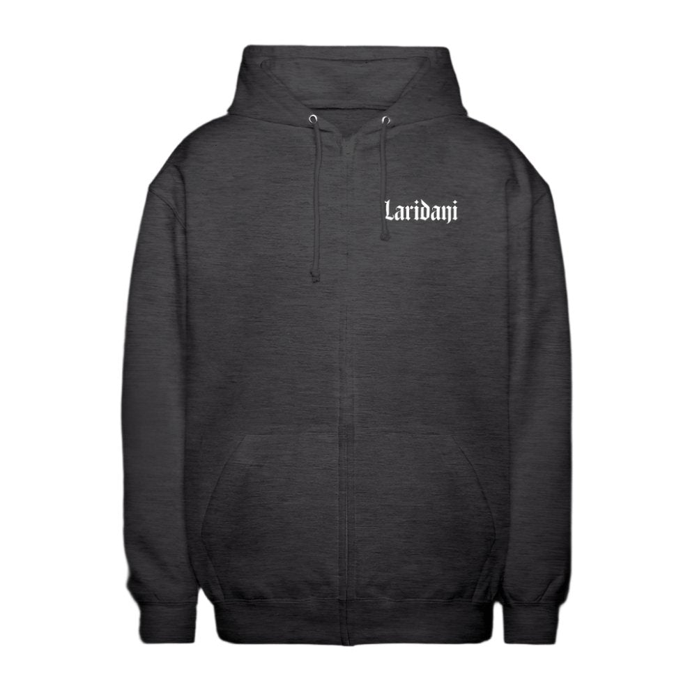 Schwarzer Zip-Hoodie von Laridani mit weißem Schriftzug auf der Brust.