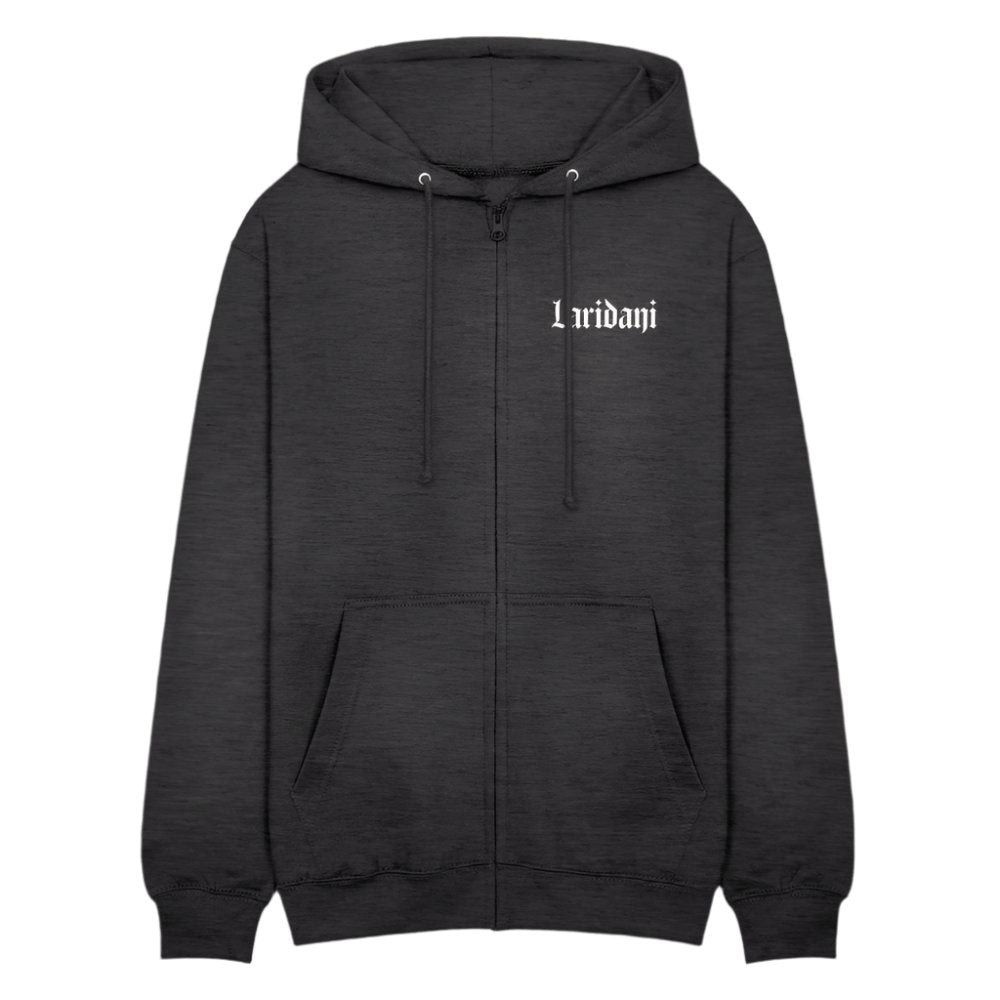 Schwarzer Zip-Hoodie von Laridani mit weißem Schriftzug auf der Brust.