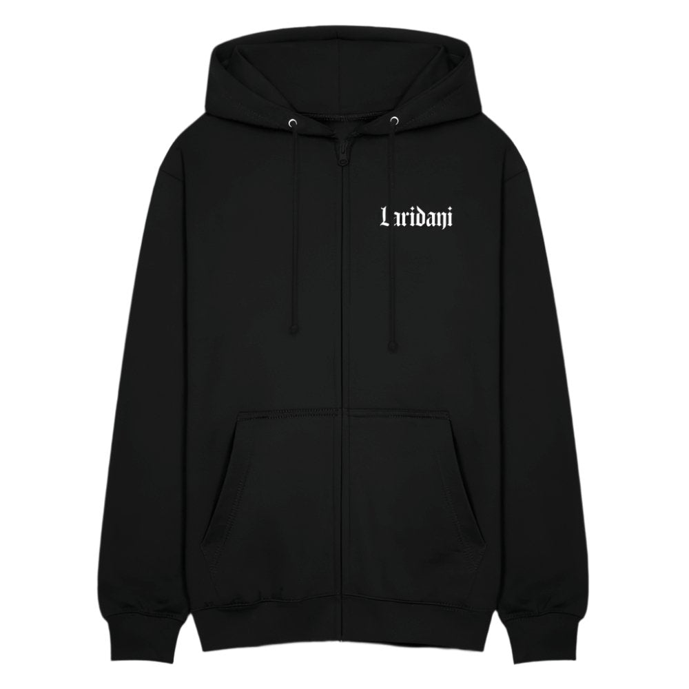 Schwarzer Zip-Hoodie von Laridani mit weißem Schriftzug auf der Brust.