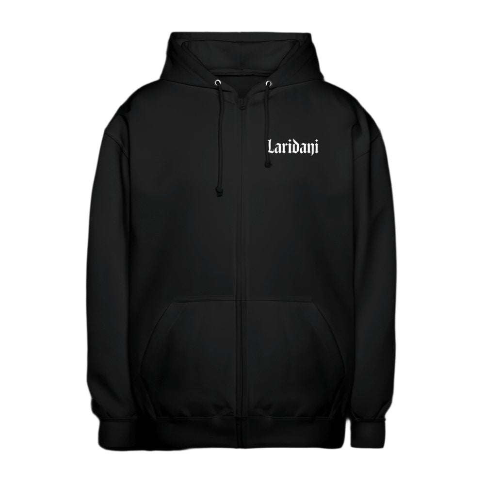 Schwarzer Zip-Hoodie von Laridani mit weißem Schriftzug auf der Brust.