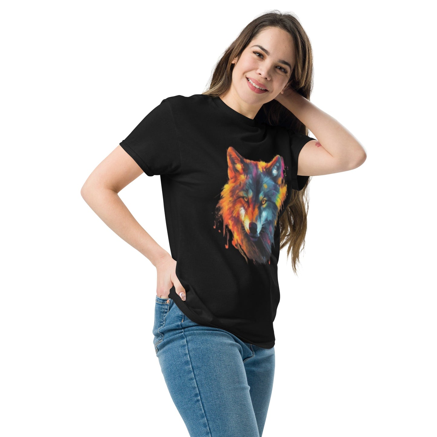 Schwarzes T-Shirt mit einem farbenfrohen, künstlerischen Wolfmotiv und Kopfhörern. Perfekt für Streetwear-Looks und lässigen Stil