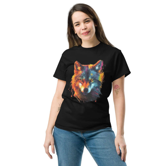 Schwarzes T-Shirt mit einem farbenfrohen, künstlerischen Wolfmotiv und Kopfhörern. Perfekt für Streetwear-Looks und lässigen Stil