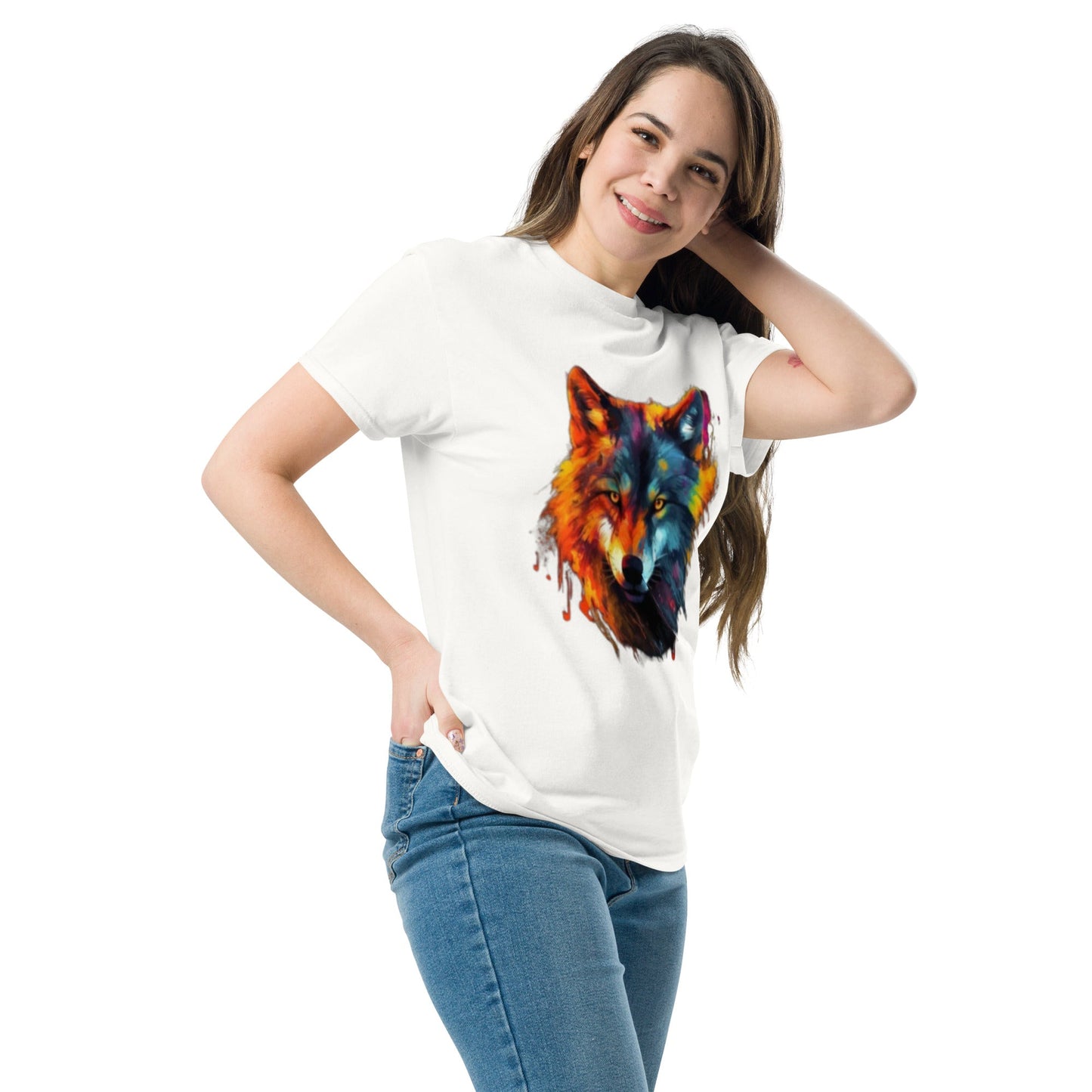 Weißes T-Shirt mit einem farbenfrohen, künstlerischen Wolfmotiv und Kopfhörern. Perfekt für Streetwear-Looks und lässigen Stil