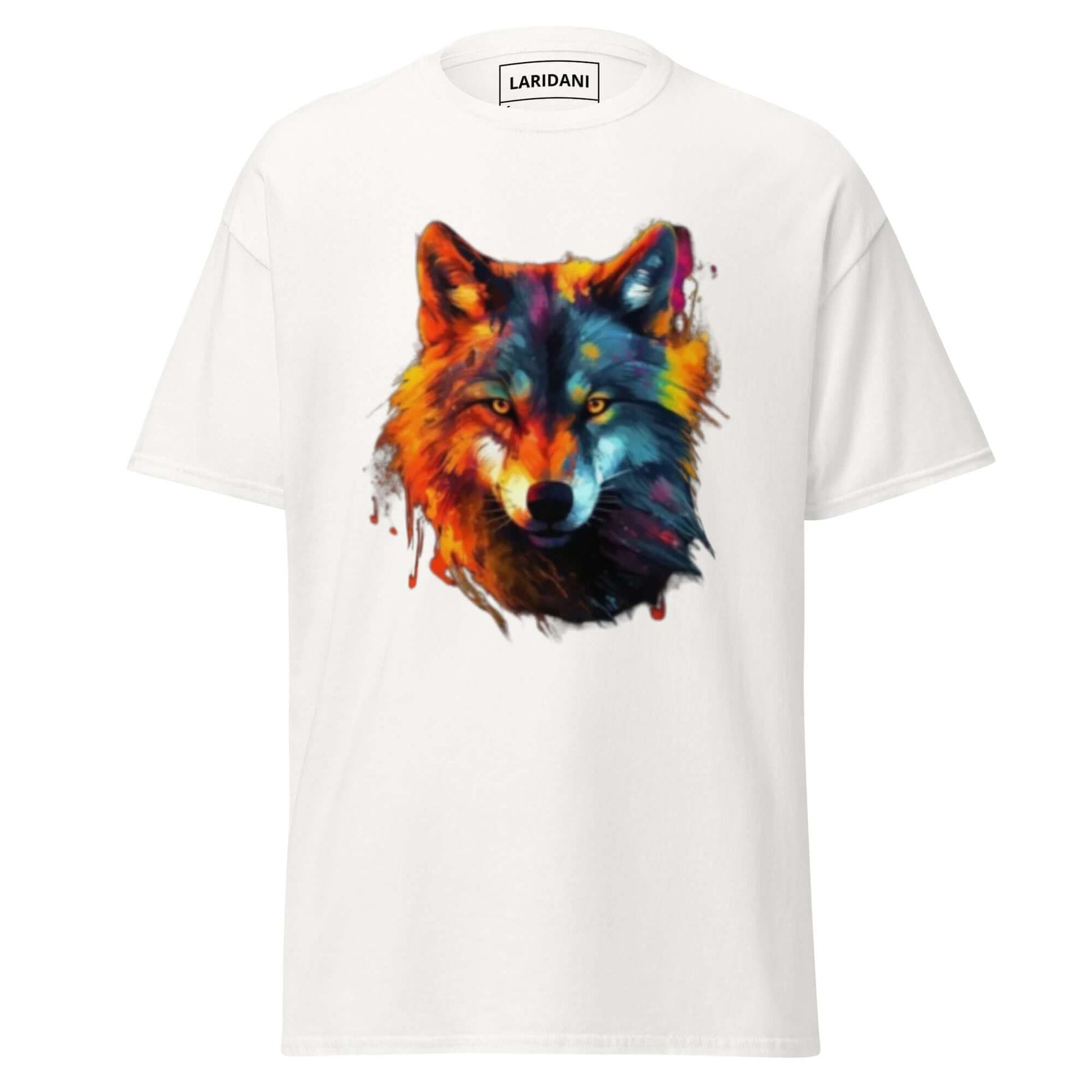 Weißes T-Shirt mit einem farbenfrohen, künstlerischen Wolfmotiv und Kopfhörern. Perfekt für Streetwear-Looks und lässigen Stil