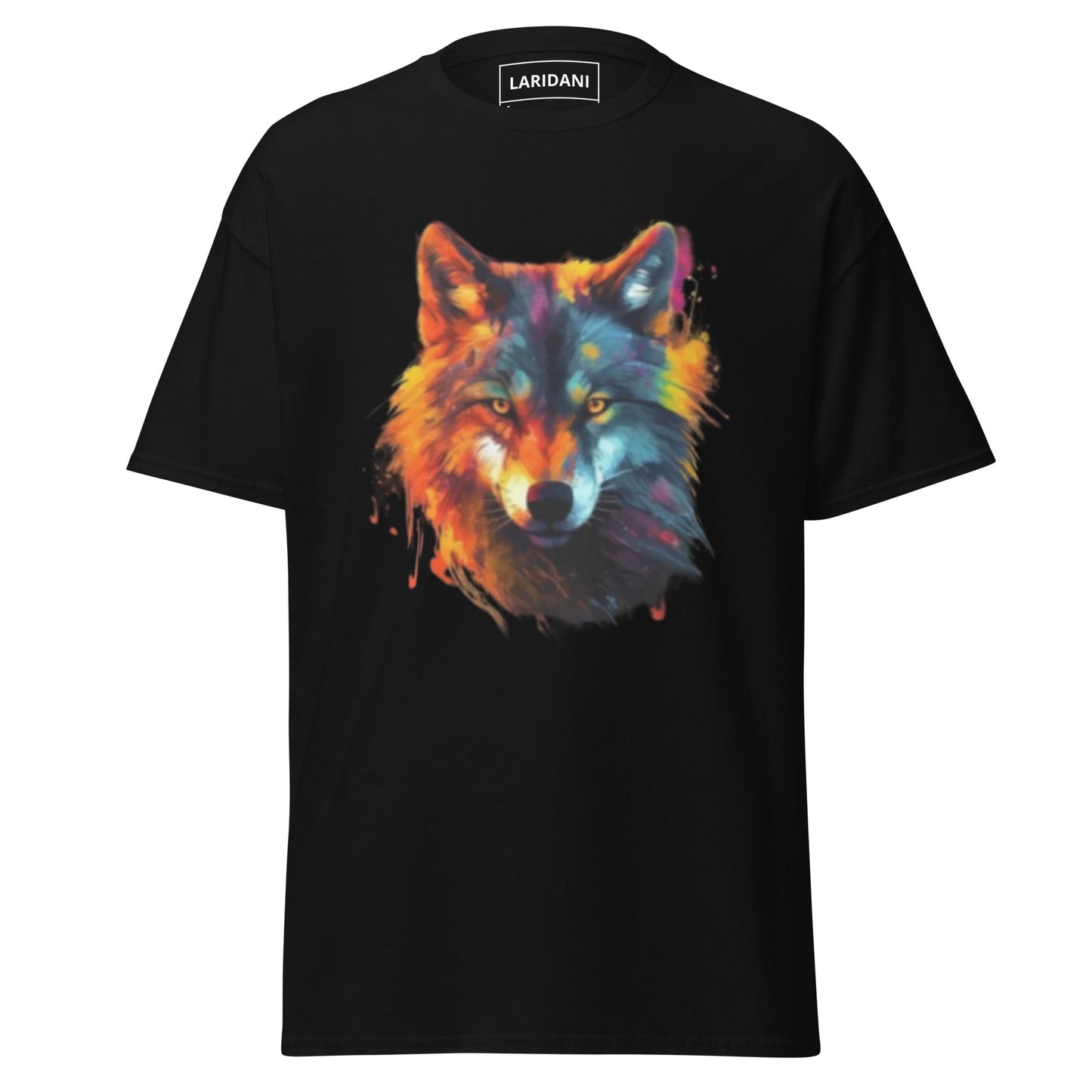 Schwarzes T-Shirt mit einem farbenfrohen, künstlerischen Wolfmotiv und Kopfhörern. Perfekt für Streetwear-Looks und lässigen Stil