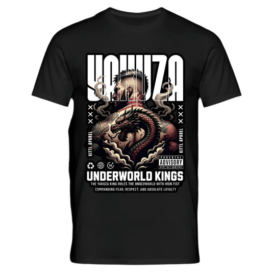 Schwarzes T-Shirt mit YAKUZA Design und Handshake-Grafik.